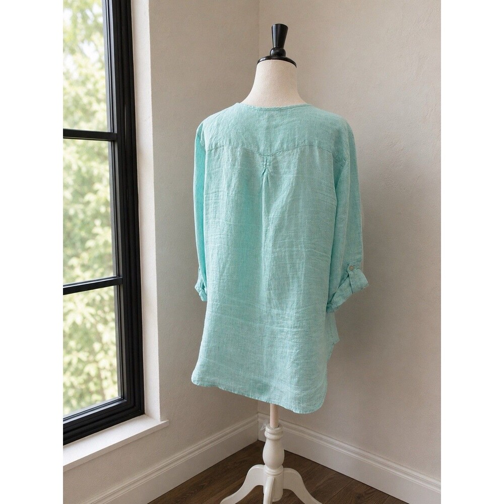 Talbots Linen Shirt Blouse Roll Tab Sleeve Button Up Pockets Aqua Collarless L - Picture 3 of 8